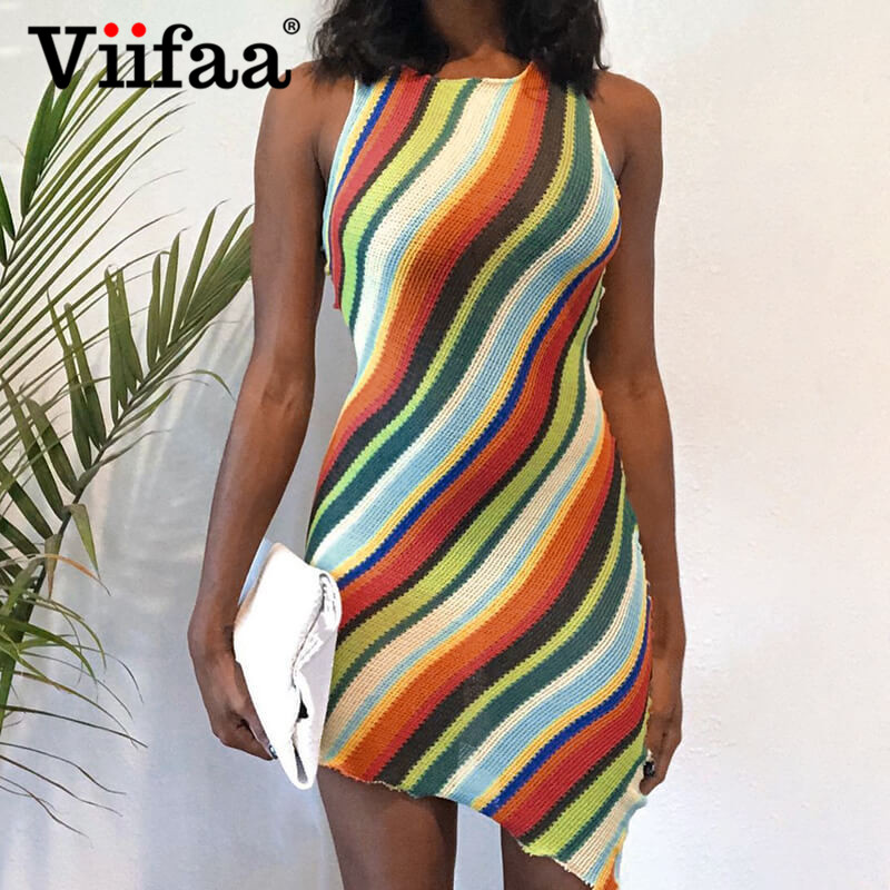 

viifaa colorful knitted striped asymmetrical hem bodycon mini dress sleeveless women summer see through club party dresseshigh quality, Black;gray