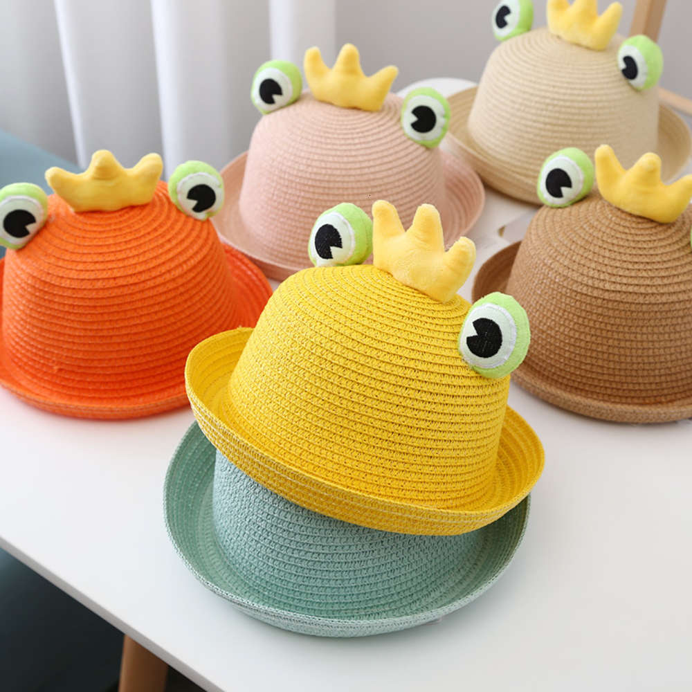 

2-5 years old children's big eyes frog fisherman's hat neck protection sunscreen boys and girls cartoon straw summer, Yellow