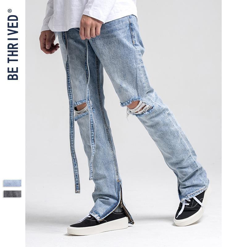 

be men's wear | 2021 autumn and winter metal zipper fog brand street high street washing denim, Blue