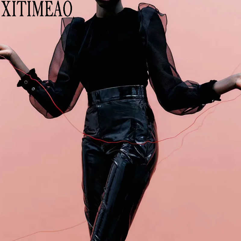 

ZA Fashion Retro Velvet O Neck Blouse Women Elegant Organza Ssplicing Loose Long Sleeve Shirt Casual Chic Tops 210604, Black