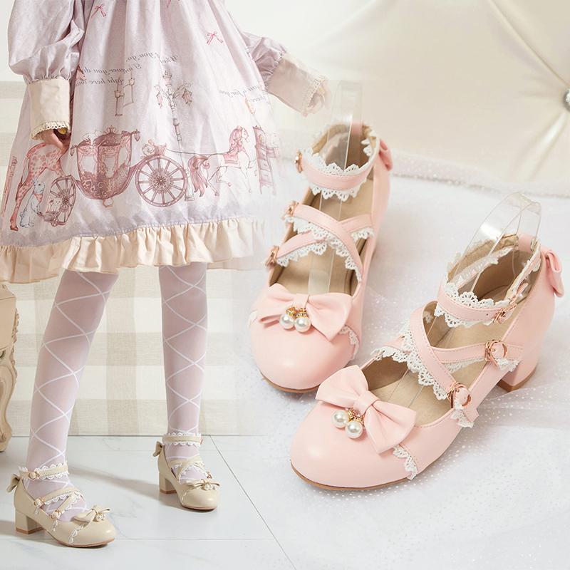 

Women Mary Janes Pumps Cute Bowtie Princess Lolita Shoes Ladies High Heel Casual Square Colsplay Party Dress, 1 white