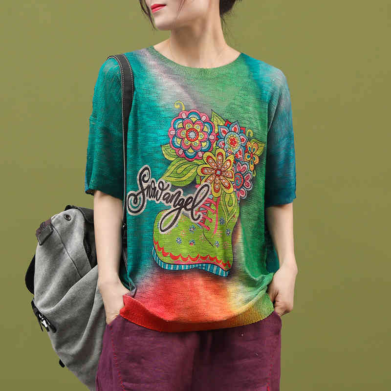 

Women's T-Shirt Lamtrip Unique Oil Painting Suower Colorful Print Knitted Cotton Short Sleeve Women Top 2021 Summer 2ALD, Cups