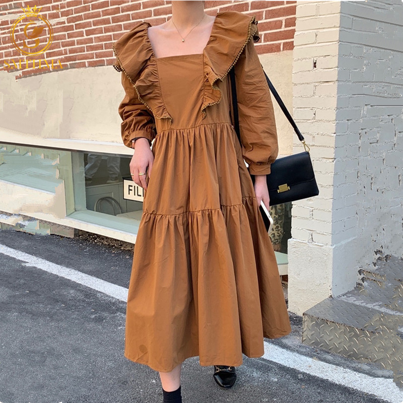 

Spring Vintage Square Collar Pleated Ruffled Design Loose High Waist Dresses Elegant Long Sleeve Women's Clothes 210520, Photo color