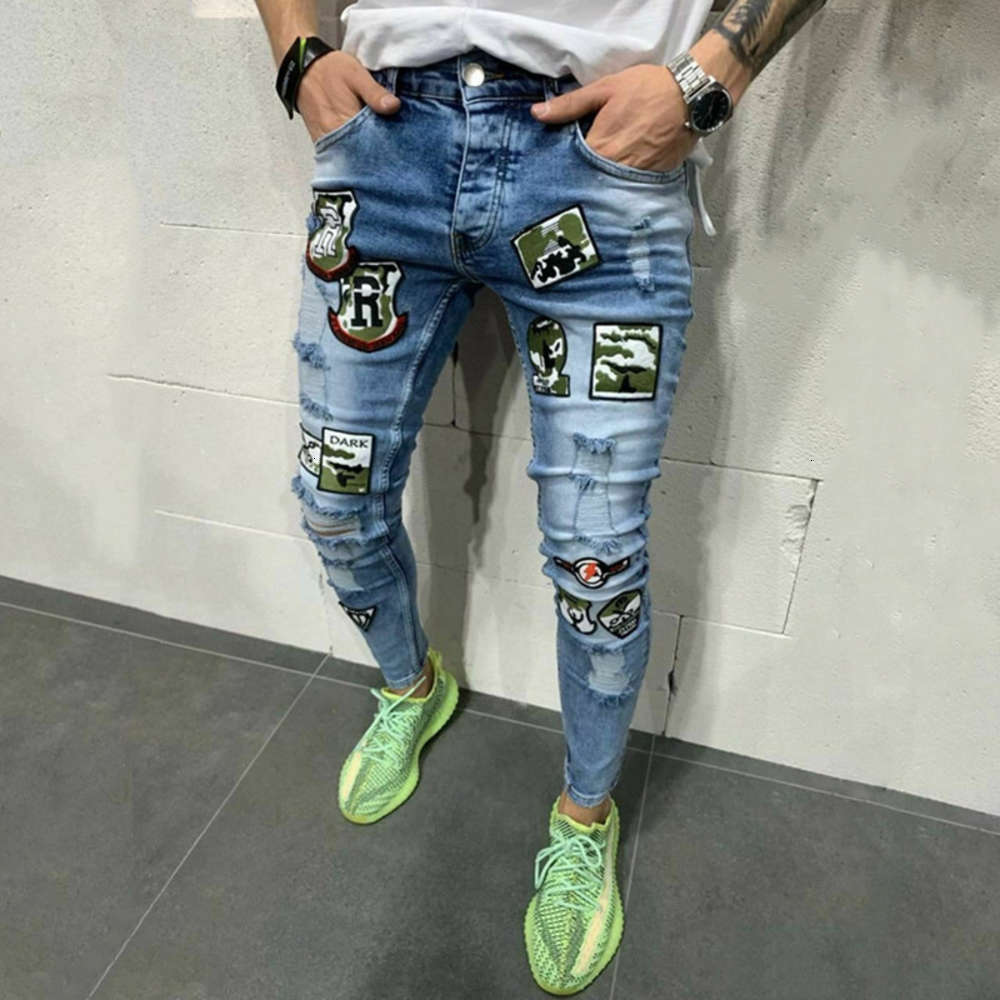 

Men's Patchwork Printed Jeans Fashion Street Style Skinny Long Pants Distressed Biker Jeans Homme Motorbike Pants, Grey