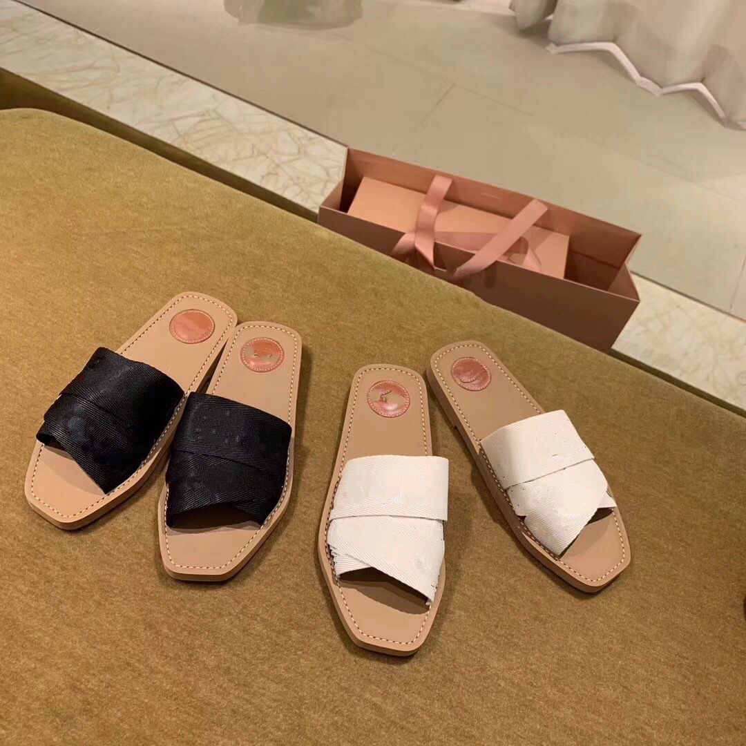 

2021est Branded Women Woody Mules Fflat Slipper Deisgner Lady Lettering Fabric Outdoor Leather orange black Sole Slide Sandal size 35-42 mjk001