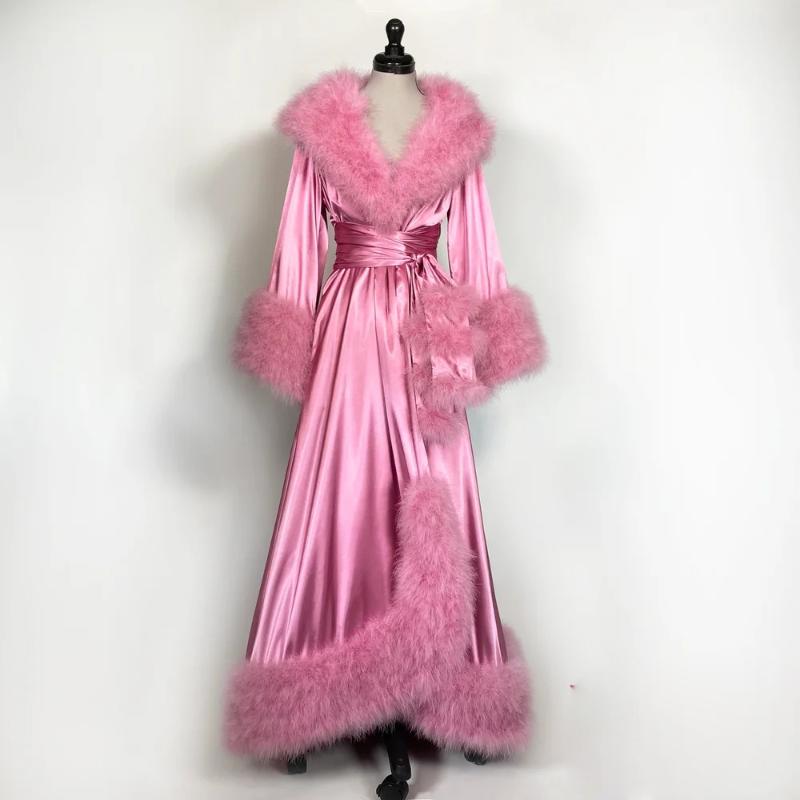 

Women's Sleepwear 2021 Pink Night Gown Feather Bride Robes Silk Custom Made Long Sleeves Dressing Women Royal Dresses, Beige