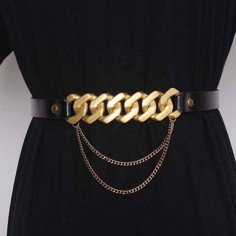 

Belts Women's Runway Fashion Gold Chain Genuine Leather Cummerbunds Female Dress Corsets Waistband Decoration Wide Belt TB1840, Black