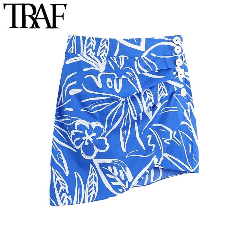 

TRAF Women Chic Fashion Draped Printed Asymmetry Mini Skirt Vintage High Waist Side Zipper Female Skirts Mujer 210629, As picture