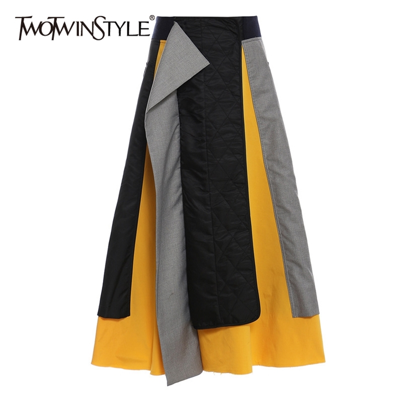 

Irregular Patchwork Skirt For Women High Waist Ruched Hit Color Casual Skirts Female Fall Fashion Clothes 210521, Yellow