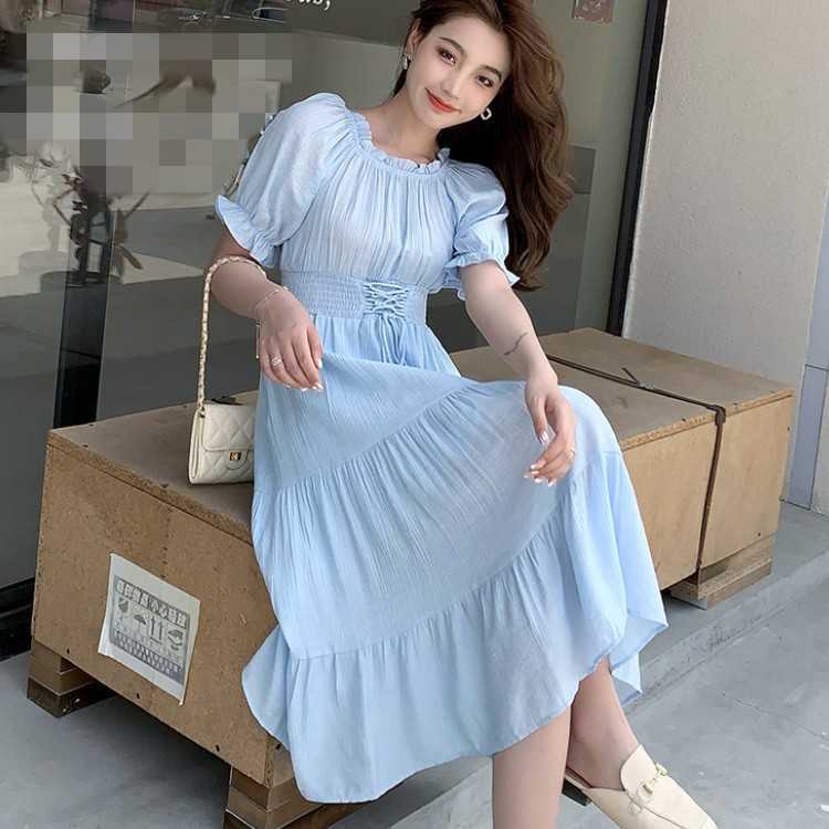 

French Women Summer Midi Beach Dress Fashion Sweet Puff Sleeve High Waist Lace Up Elegant Solid Woman Dresses Female 210526, Pink