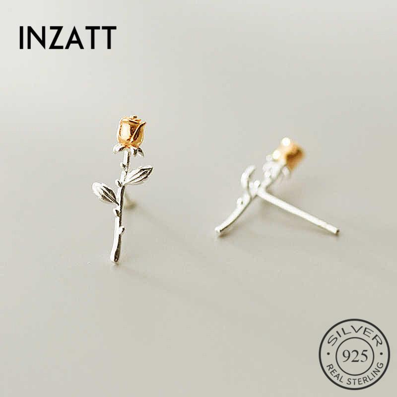 

Stud INZAReal 925 Sterling Silver Plant Rose Flower Earrings For Fashion Women Cute Fine Jewelry Minimalist Accessories Gift, Golden;silver