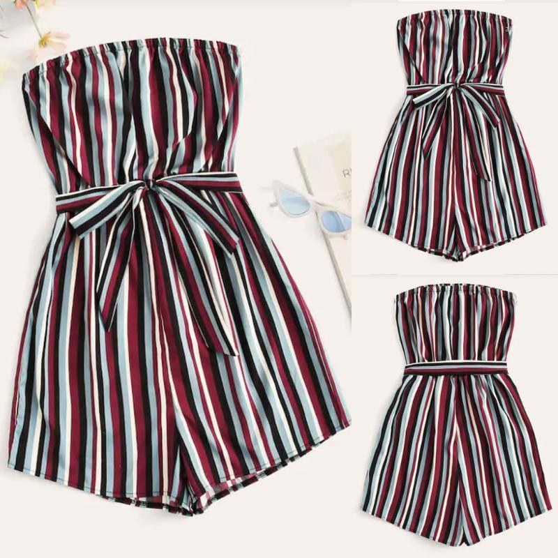 

Women' Jumpsuits & Rompers Summer Fashion Women Casual Backless Off Shoulder Bow Knot Bandage Stripe Playsuit High Quality W422, Black