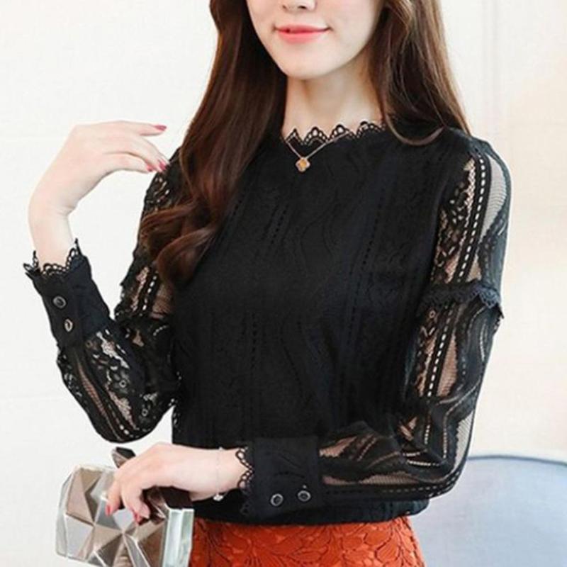 

Women's Blouses & Shirts Women Shirt O Neck Long Sleeve Lace Polyester Hollow Out See-through Slim Pullover Spring Autumn Blouse, Black