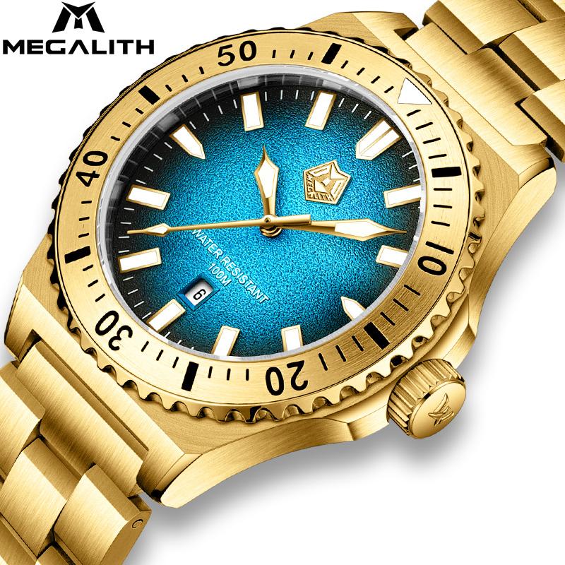 

Wristwatches MEGALITH Fashion Mens Watches Brand 100M Water Resistant Quartz Watch Man Gold Blue Stainless Steel Date Clock, Silver black