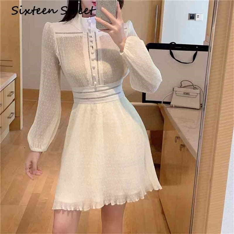 

Spring Long Sleeve Dress Woman Black Solid Single-breasted lantern pleated dress female autumn vestidos 210603, Rice white