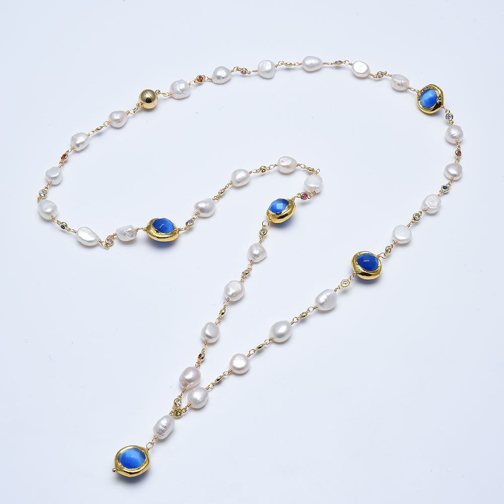 

GuaiGuai Jewelry Natural White Baroque Pearl Cz Pave Chain Faceted Round Blue Cat Eye Long Sweater chain Necklace Handmade For Women