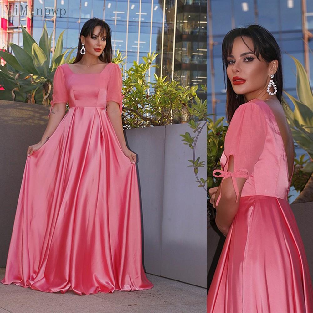 

2021 Short Sleeves Prom Dresses Chiffon Square Neck V Back Plus Size Evening Gown Custom Made Party Formal Occasion Wear vestidos, Green