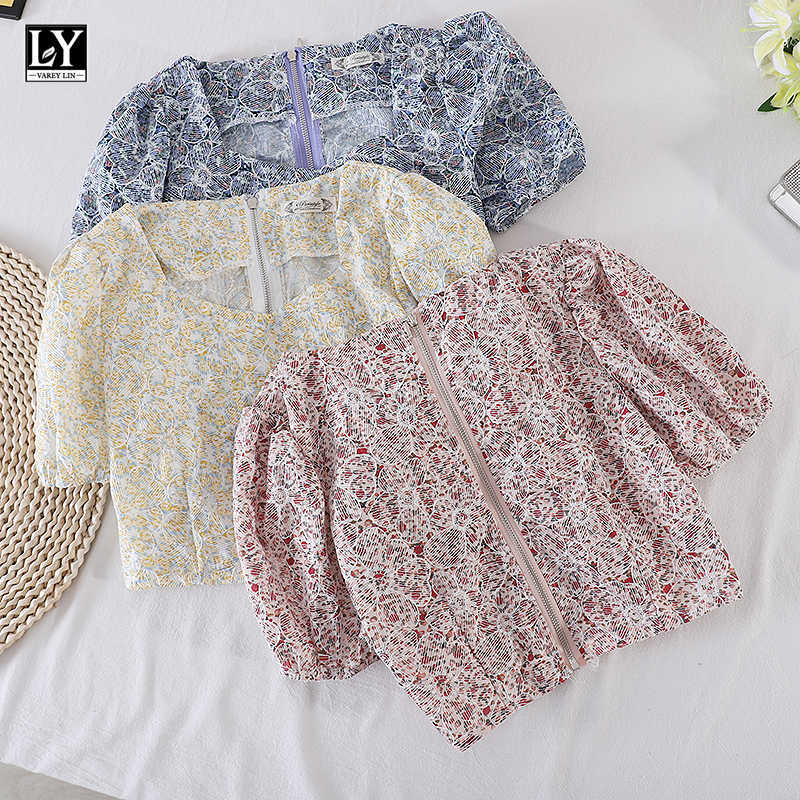 

LY VAREY LIN Summer Women Sweet Embroidery Blue Pink Shirts Tops Vintage V-neck Flora High Waist Short Female 210526, Yellow
