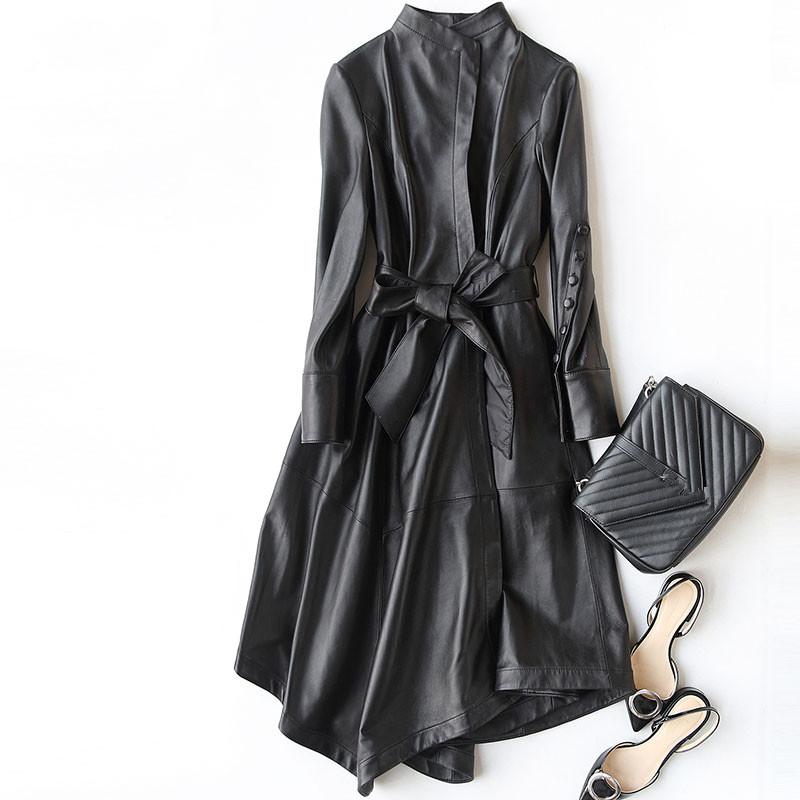 

Women's Leather & Faux Genuine Jacket 2021 Real Sheepskin Coats For Women Long Trench Coat Female Spring Autumn Jackets F11188, Black