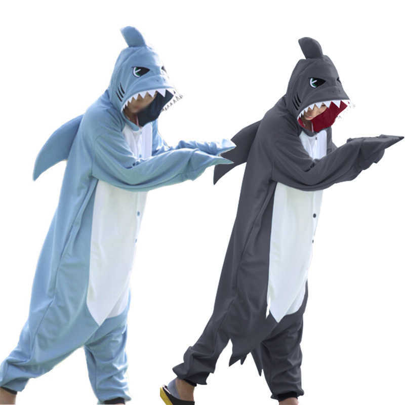 

Winter Adults Animal Gray Blue Shark Funny Onesie Pajamas For Women Men Costume Cosplay Unisex Halloween Pajamas Party G0913