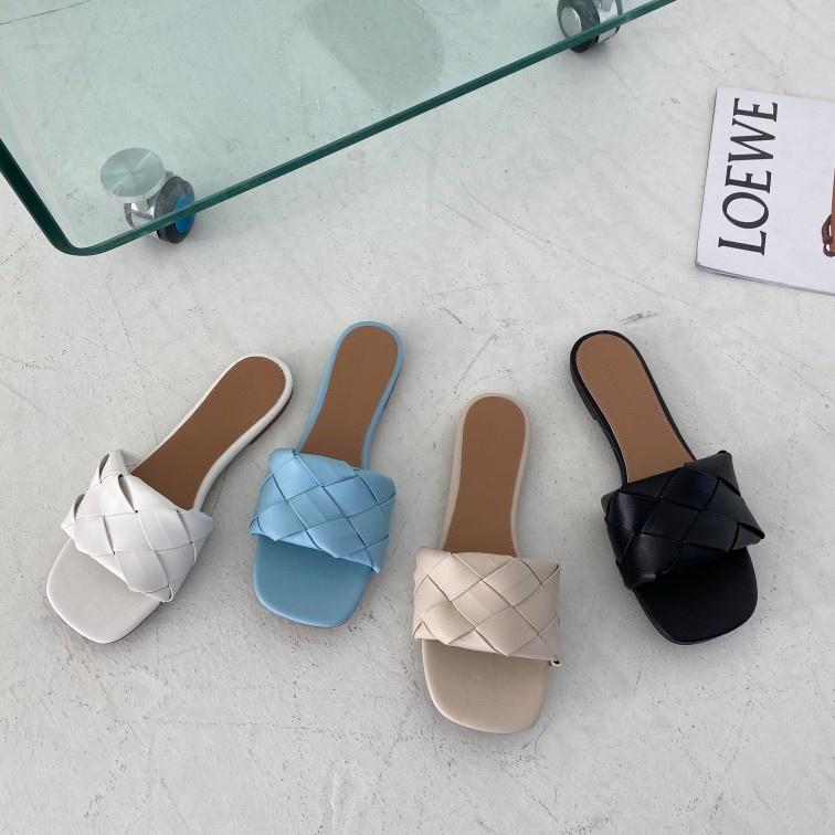 

Brand Design Weaving Outdoor Slippers Sandals Women Elegant Solid Flat Open Toe Summer Slides, White