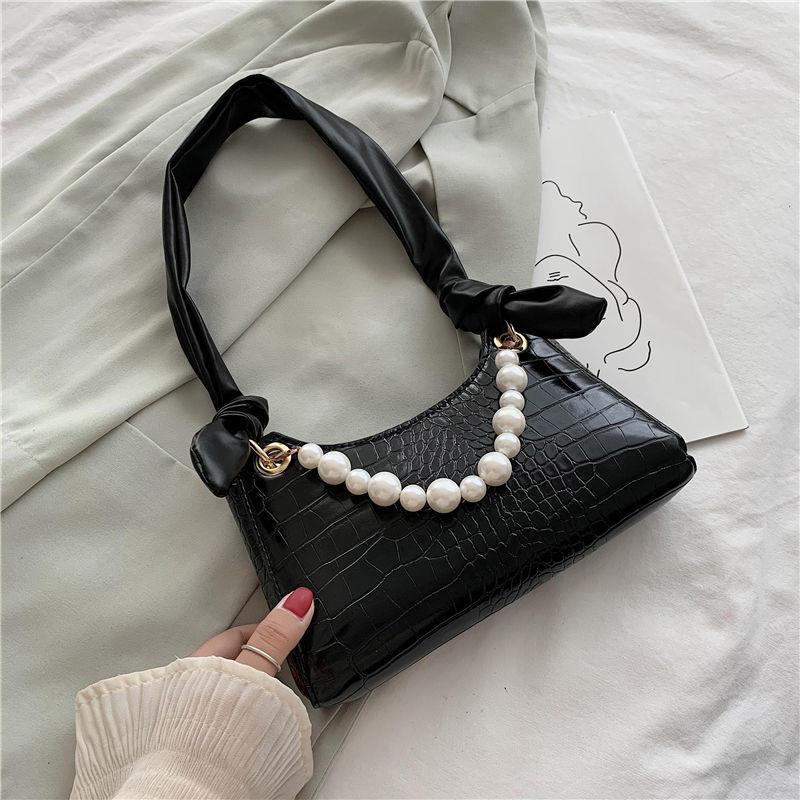 

Evening Bags French Pearl Decor Women's Korean Version Shoulder Vintage Gothic Style Top Handle Bag Fashion Zipper Leather, Black