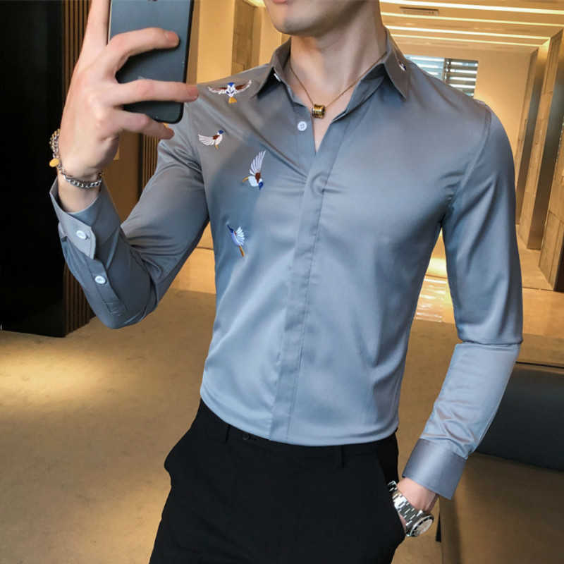 

High Quality Embroidery Men Shirts Solid Color Male Business Formal Dress Shirts Long Sleeve Slim Fit Casual Shirt Chemise Homme 210527, White