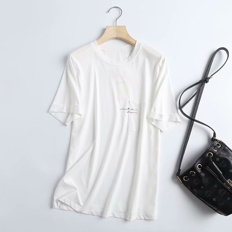 

t shirt 2021 summer women's classic round neck letter pocket short sleeve pullover, White