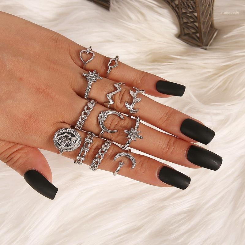 

Cluster Rings 12 Pcs/set Vintage Gold Crystal 2022 Bohemian Moon Star Ring For Women Midi Finger Set Wedding Fashion Jewelry Gifts, Golden;silver