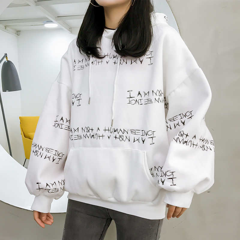 

Ulzzang winter fashion large size loose letter print hip hop hooded sweatershirt female fun Harajuku -2XL sweatshirt 210608, Random color