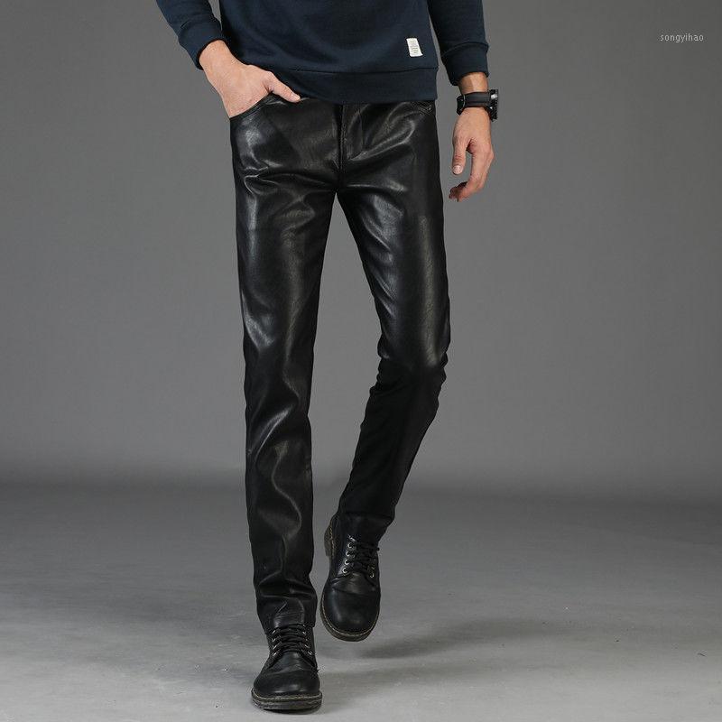 

Men's Pants PU Leather Motorcycle Straight High Waist Lightweight Black Tight Trousers Full Length Joggers