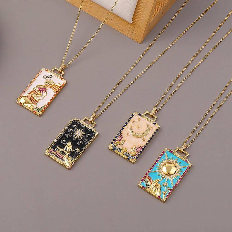 

Pendant Necklaces Painted Moon Star Sun Tarot Necklace For Women Stainless Steel Long Chains Collar Men Boho Bohemian Punk Hiphop Choker, Silver