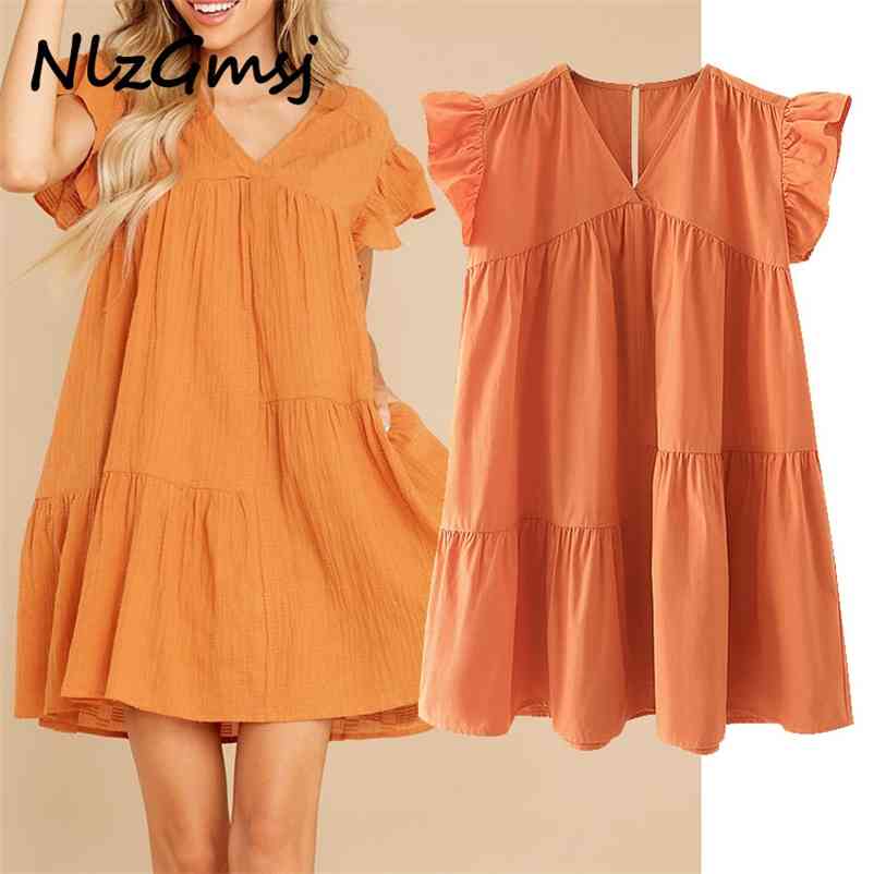 

Dresse Wide Swing Bright Color Lotus Sleeve Chic V Neck Sleeveless Ladies Loose Short Vestidos 210628, As picture