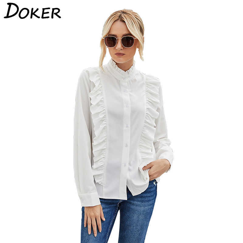 

Elegant Ruffle Long Sleeve Women Shirt Single Breasted White Stand Collar Office Ladies Shirts Chemise Femme 210604
