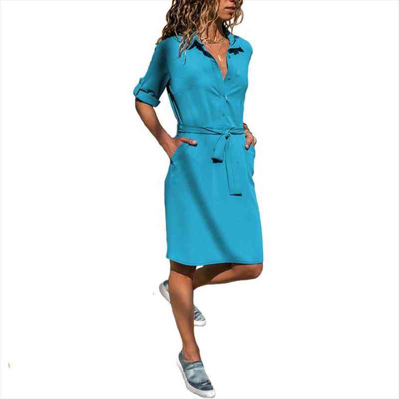 

Office Ladies Turn-down Collar Shirt Dress Three Quarter Sleeve Women Spring Dress Plus Size Casual Summer Loose Vestidos, Black;gray