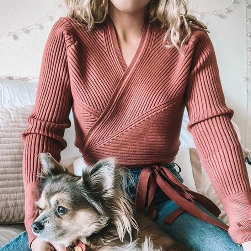 

Autumn Winter Knitted Sweater Women V-neck Slim Pullovers Sweater Ladies Wrap Sweaters Female Casual Sweater Jumper, Black