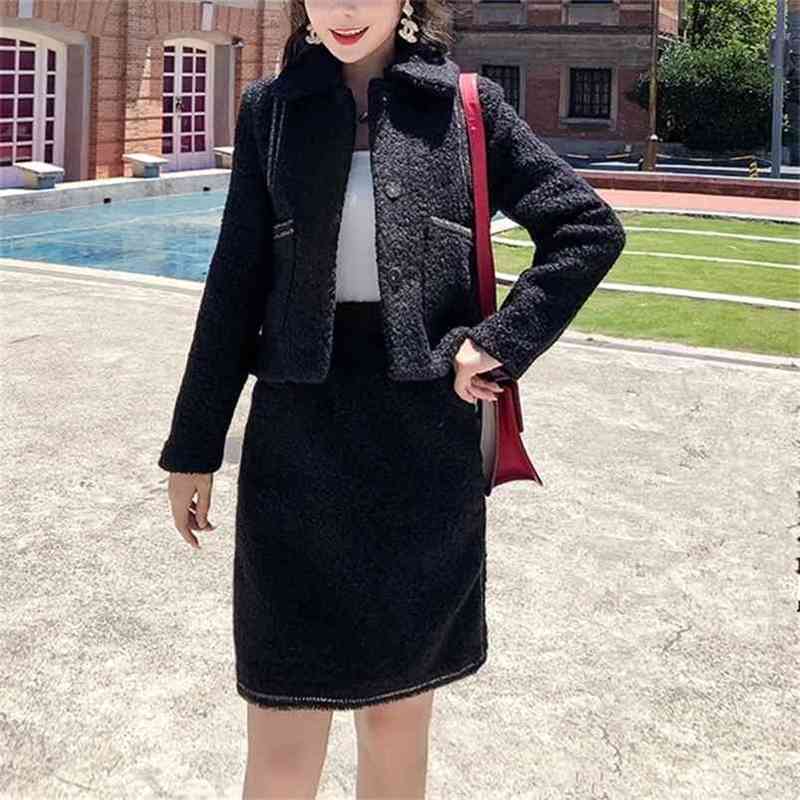 

Women Autumn Winter Chic Woolen Two Piece Set Female Elegant Tweed Jacket Coat + Mini Bodycon Skirt Suit 210603, Picture color