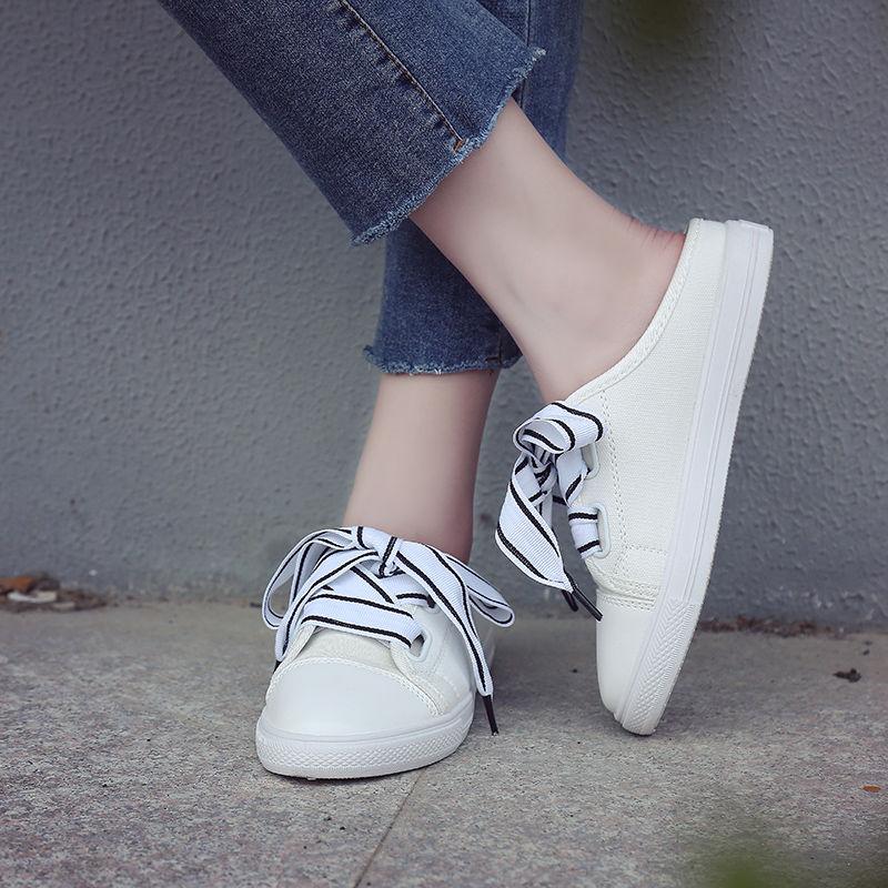 

Women's Canvas Shoes Without Heel White 2021 Summer Korean Version Of The Wild Lazy Slippers, Black