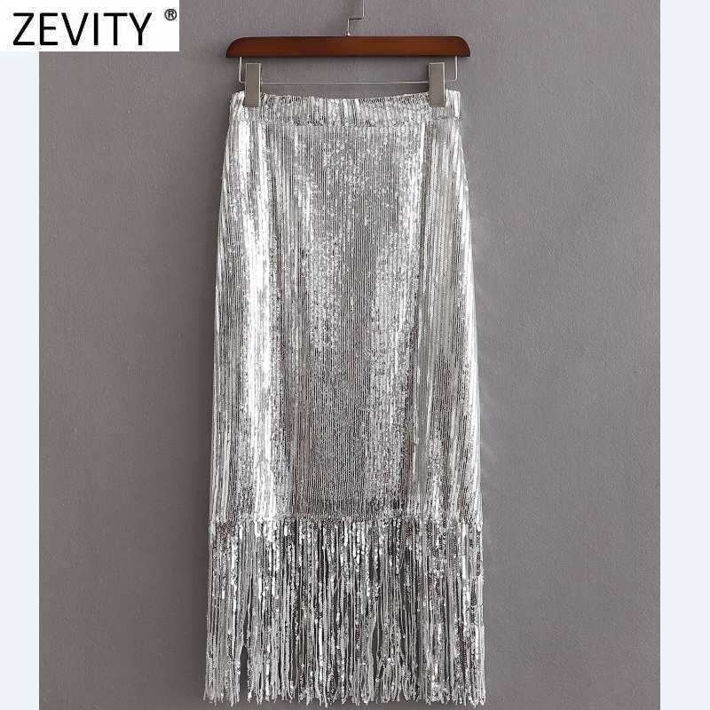 

Zevity Women High Street Sequined Hem Tassel Kneeth Skirt Faldas Mujer Female Side Zipper Chic Party Vestido Brand Skirts QUN720 210603, As pic qun720xd