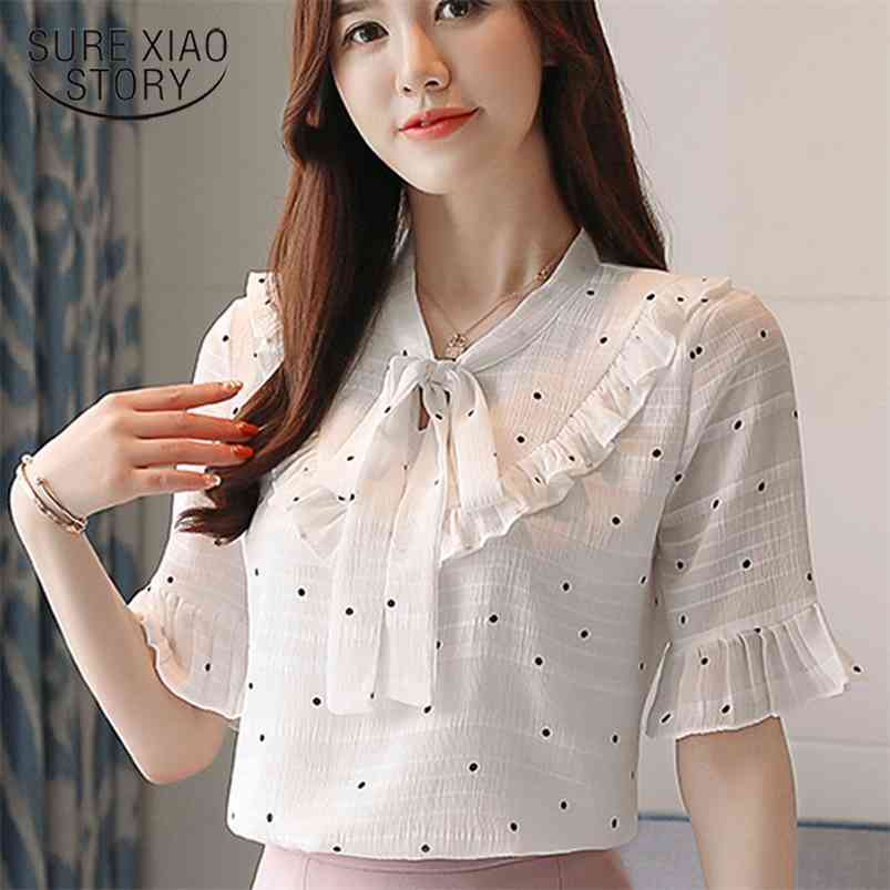

Fashion Clothing Women Blouses and Tops White Shirt Harajuku Chiffon Bow Polka Dot 3050 50 210506