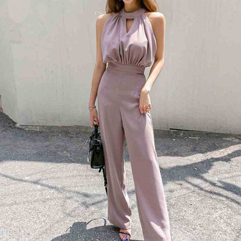 

Summer Women's Korean Style Neck Jumpsuits Slim Waist Sleeveless Off Shoulder Wide Leg Long Rompers Office Lady 210525, Pink