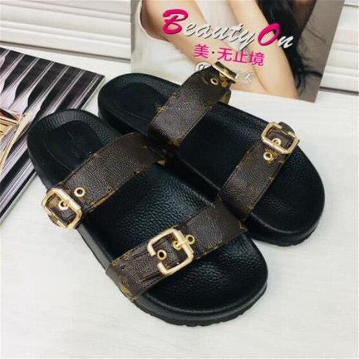 

Summer luxury Woman beach Cartoon Big Head slippers Classic Leather Flat Belt buckle Sandals Slides Designer Women Shoes Size 36-41, Brown