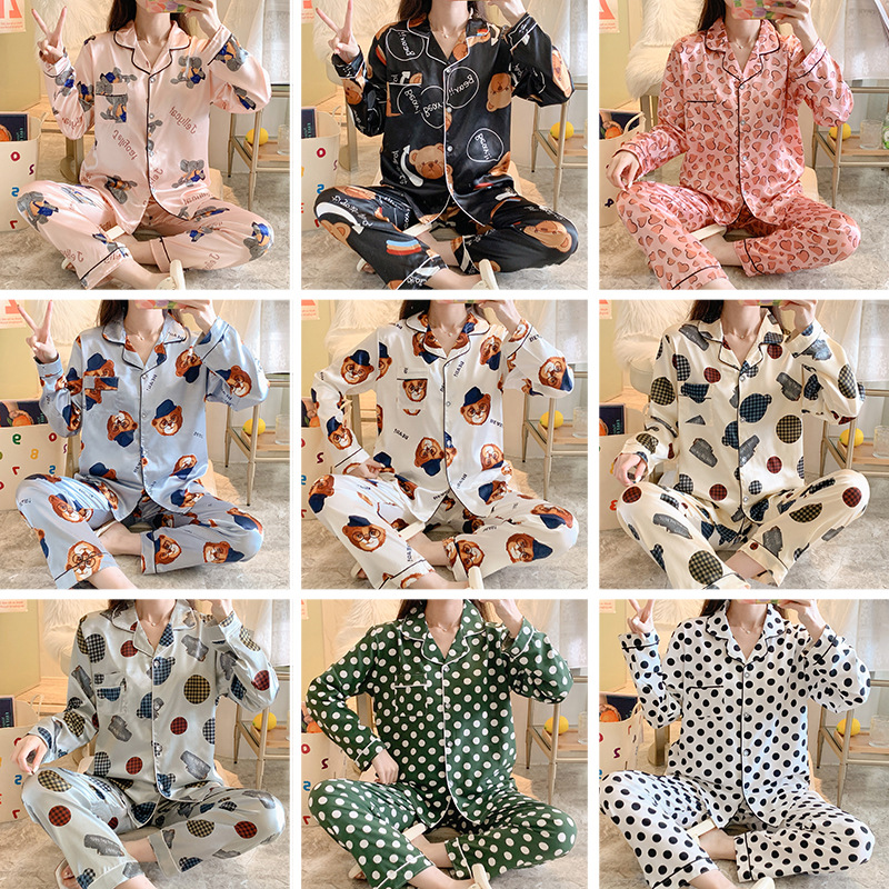 

Wholesale Women Winter Fall Long Sleeve Silk Pajamas Sets Home Textile Fashion Casual Letter Printed Lapel Cardigan Sleepwear Cartoon Pattern Night Clothing, As pic