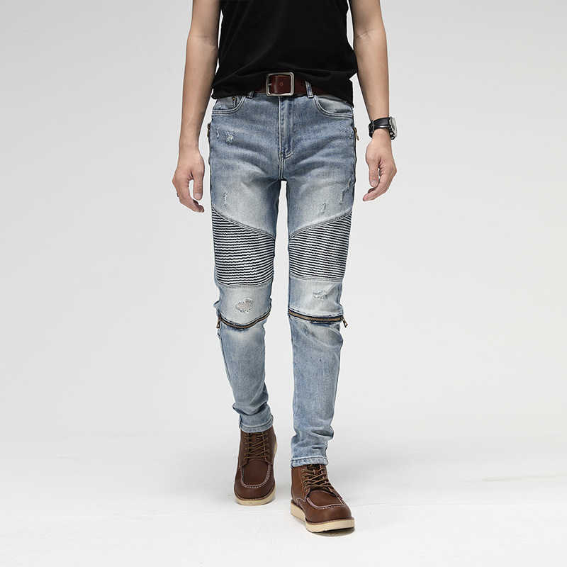 

Street Style Fashion Men Jeans Retro Light Blue Elastic Slim Fit Ripped Biker Spliced Designer Hip Hop Denim Pants