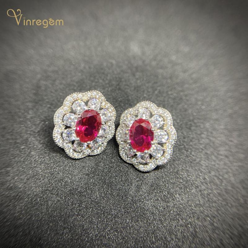 

Stud Vinregem 100% 925 Sterling Silver Oval Cut Ruby Created Moissanite Gemstone Engagement Vintage Studs Earrings Fine Jewelry Gifts, Golden;silver