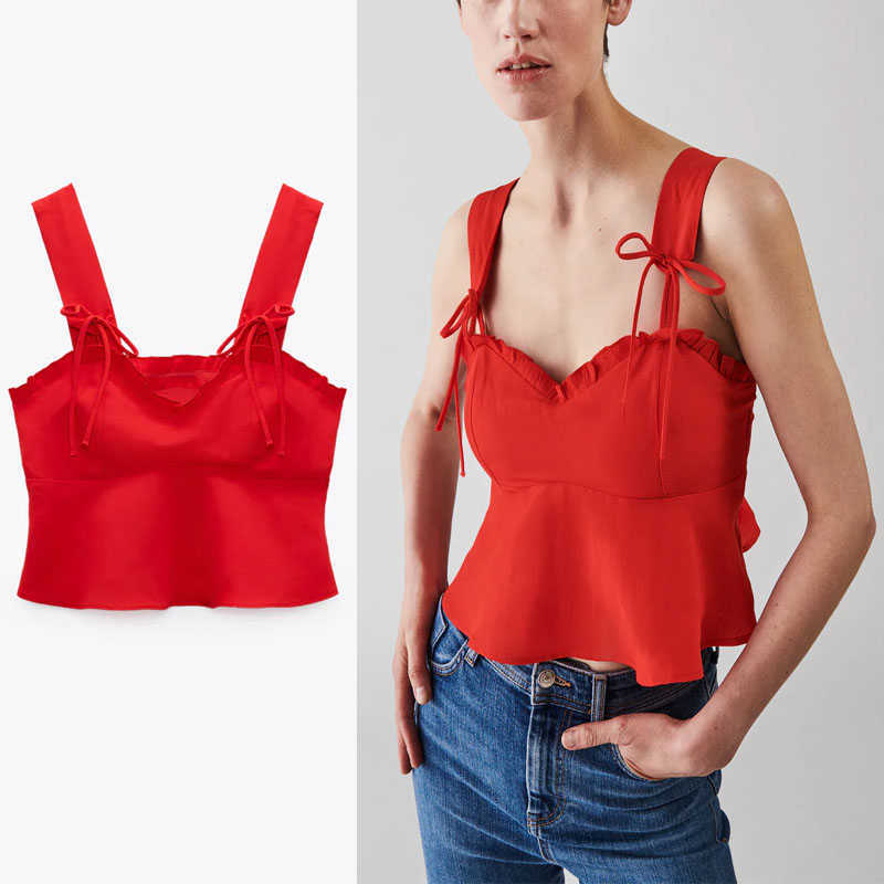 

Za Strappy Tied Cropped Red Top Women Ruffle V Neck Adjustable Straps Summer Blouse Sleeveless Side Zip Backless Blouses 210602