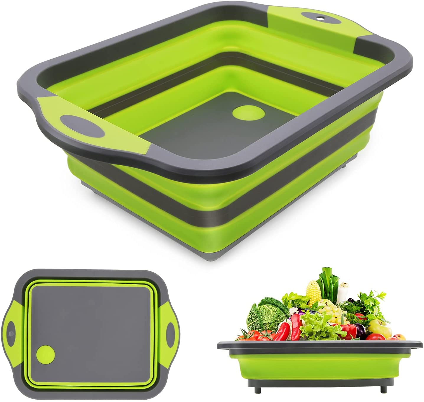 

Collapsible Cutting Board Chopping Board with Colander 3 in 1 Vegetable Washing Basket Silicone Dish Tub for Kitchen Outdoor Camping Picnic BBQ Prep