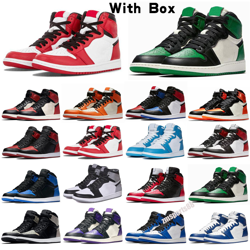 

Pine Green Black 1s Basket ball shoes Jump 1 Bloodline Men Designer Sneakers Fearless Obsidian UNC Patent gold toe top Trainers, Black;brown