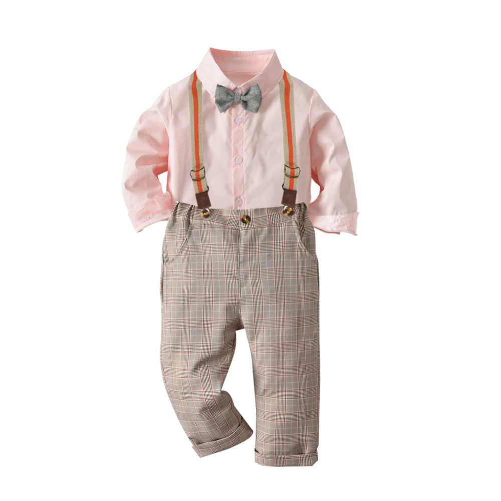 

Cross-border boy autumn pink long sleeve shirt strap trousers gentleman set baby out of clothing holiday dress, White