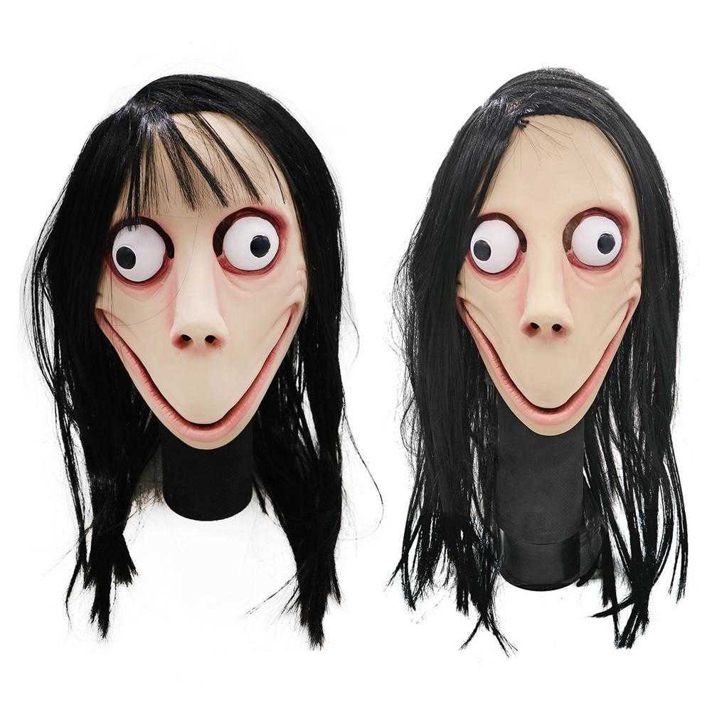 

Funny Scary Momo Hacking Game Cosplay Mask Adult Full Head Halloween Ghost Momo Latex Mask With Wigs Big Eyes And Long Wigs Y0913